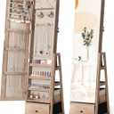Nicetree 360Swivel Jewelry Cabinet, Rotatable Full Length Mirror with Jewelry Storage, Standing Jewelry Armoire Organizer, Lockable Jewelry Organizer with 3 Rear Shelves, Bottom Drawer, Oak