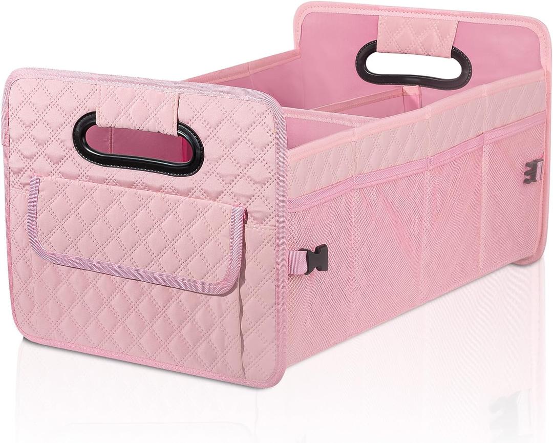 JiatuA Car Trunk Organizer for SUV, Car Storage Organizer Collapsible Multi Compartment Container Box, Adjustable Car Accessories for Women/Men, Pink (Standard)