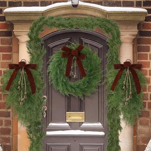 Daifunli 4 Pcs Artificial Christmas Wreath Garland Set Include 20 Xmas Cedar Pine Wreath with Brown Bow 2 Christmas Teardrop Swag 9ft Garland for Xmas Celebration Front Door