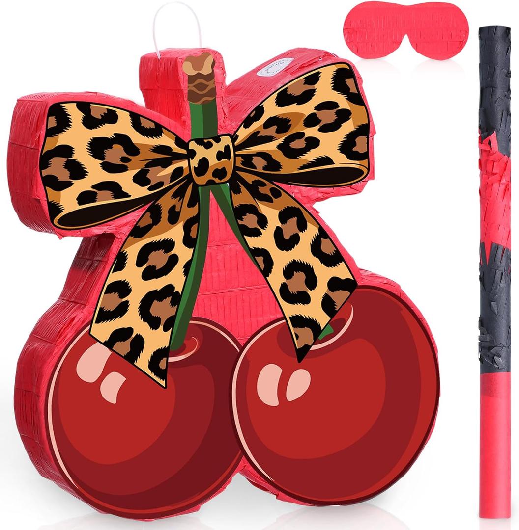 VioraWhite Cherry Leopard Print Piata Set Cherry Cheetah Piata Game with Blindfold Hitting Stick Cheetah Print Red Black Party Theme Decoration for Bachelorette Jungle Animals Women Party Supplies