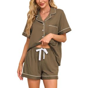 CF 100% Cotton Short Pajama Set Soft Button Down Pajamas Set Short Sleeve Sleepwear and Shorts with Pockets (Medium, Olive Green)