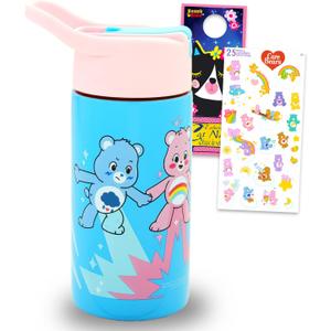 Care Bears Stainless Steel Water Bottle for Girls - Bundle with 14 Oz Drinking Cup For Home, School, and Sports, Plus Stickers, More Water Bottle with Straw