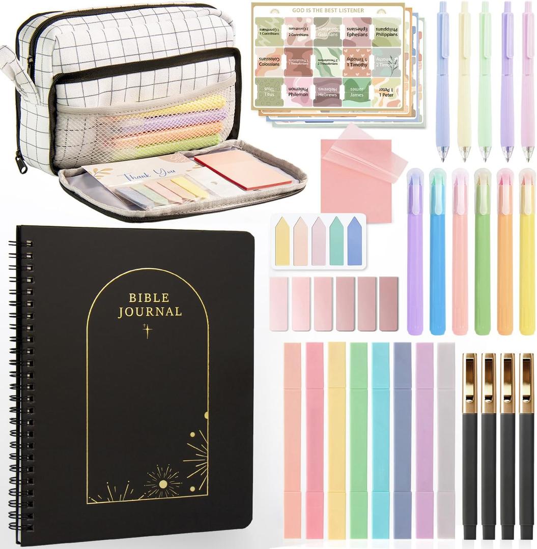 Bible Journaling Kit - Bible Study Supplies Kit for Women Men - Aesthetic Bible Accessories with No Bleed Bible Highlighters, Pens and Bible Journal Notebook Tools - Bible Journaling Gift (Black)