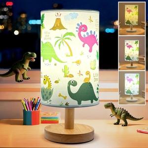 Dinosaur Lamp, Dinosaur Room Decor for Kids Bedroom, 3 Color Dimmable Reading Bedside/Desk Nightlight with Linen Shade and Wood Base for Bedroom Living Room, Practical Gifts for Dino Fans Boys
