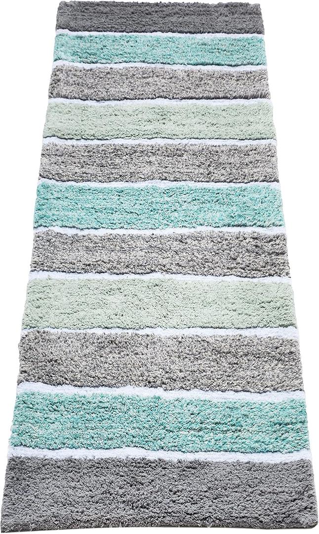 Chardin home Cordural Stripe Bath Rug Runner with Skid Resistant Latex Spray Underneath. Mint Green/Grey, 24" W x 60'' L