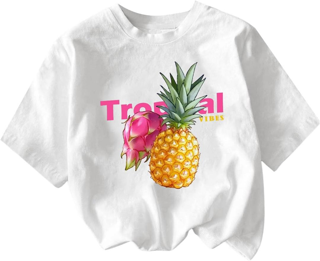 Girl's Drop Shoulder Letter Star Print Tee Tops Loose Short Sleeve Crew Neck T Shirts (White)