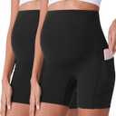 POSHDIVAH Maternity Shorts for Women Over Belly Biker Workout Yoga Active Summer Pregnancy Running Short Leggings 5" (Large, 2pcs Black 5")