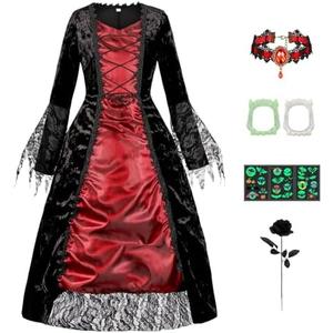 jiobabe Kids Royal Vampire Costume Girls  Halloween Costumes Dress with Teeth Necklace Accessories 12-14Y