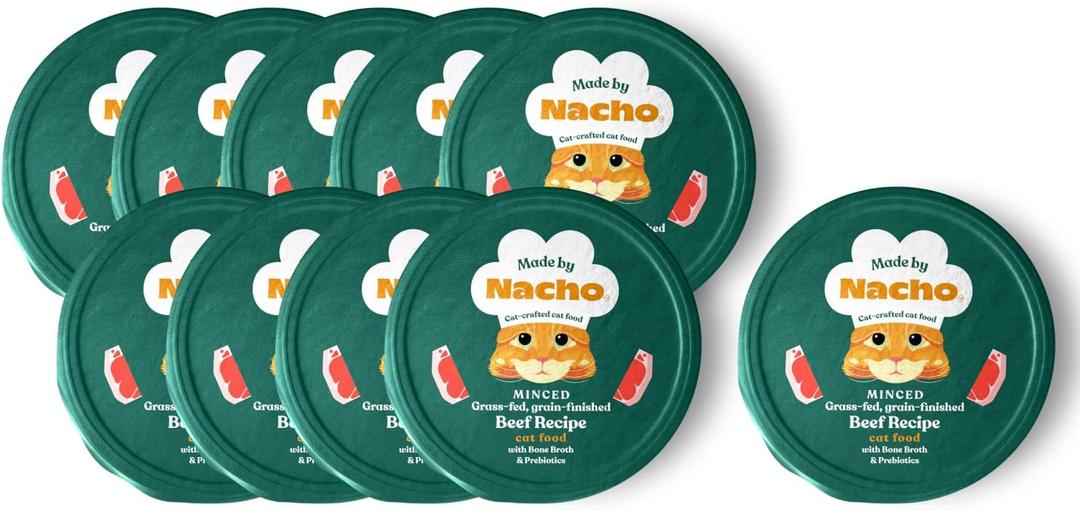 Made by Nacho Wet Cat Food, Grass-Fed, Grain-Finished Minced Beef in Bone Broth for Hydration with Prebiotics for Digestive Health, High Protein, 2.5oz Cups (10 Pack) (EXP 11/30/26)