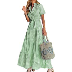 utcoco Womens Casual Short Sleeve Button Down Tie Waist Ruffled Striped Maxi Shirt Dress (Medium, Green)