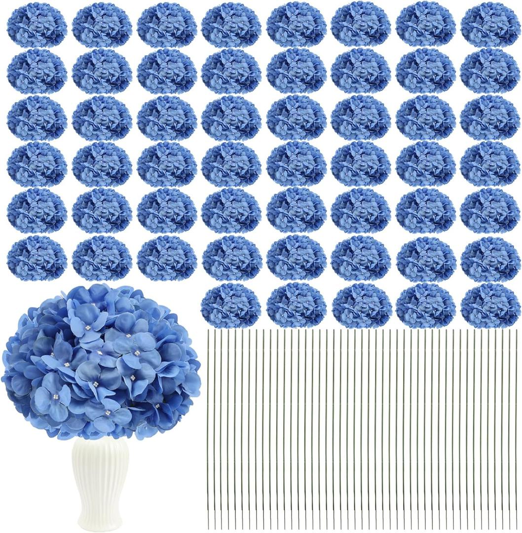 Artificial Hydrangea 104pcs Silk Hydrangea Flower Heads with Stems, Realistic Fake Flowers for Mothers Day Wedding Centerpiece Home Garden Party Decoration (Blue)