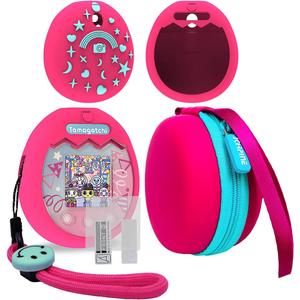 JCHPINE Hard Carrying Case and Silicone Cover Compatible with Tamagotchi Pix Interactive Virtual Pet Game Machine, Screen Film Protector for Tamagotchi Pix Accessories(Pink-Teal)