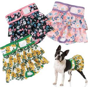 Pet Soft Female Dog Diapers - 3Pack Washable Dress-Style Dog Diapers Female for Girl Dogs in Heat - Reusable Doggy Period Panties Puppy Diaper (Floral, M) (Medium:14''-19'')