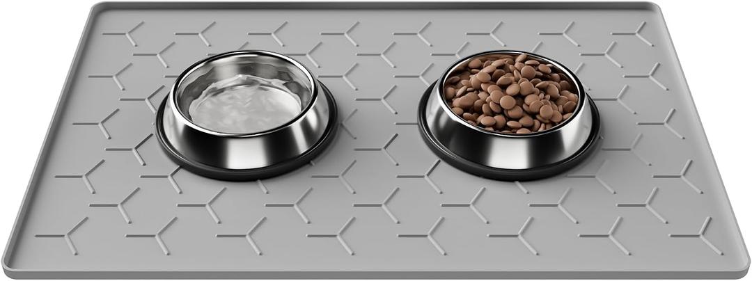 Pieviev 24''x16'' Dog Cat Food Bowl Mat, Silicone Waterproof Food Grade Pet Food Mat for Floor, High Raised Edge to Prevent Spills, Non-Slip & Easy Clean Pet Placemat for Dog & Cat Bowls, Light Gray