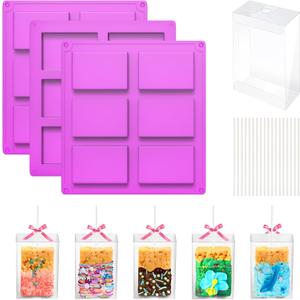MGWOTH Rice Krispy Treats Making Set: 3PCS Silicone Crispy Cereal Bar Mold with 35 Clear Boxes & Cake Pop Sticks, Small Baking Container for Marshmallow, Christmas Chocolate Dessert Party Packaging