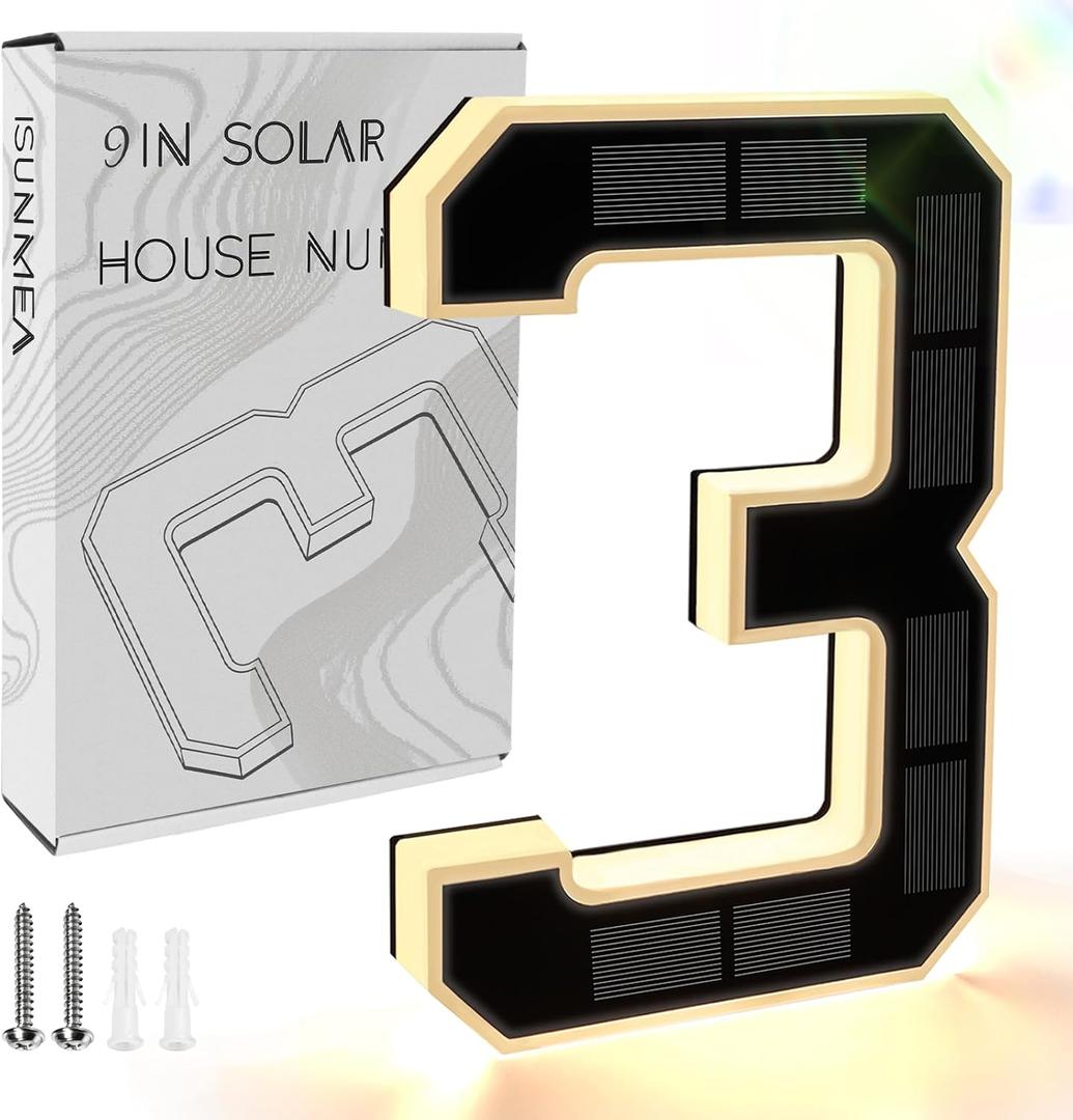 ISUNMEA 9 Inch Solar Lighted House Numbers for Outside, Light Up Waterproof LED Address Numbers Signs for Houses, Large Personalized Illuminated Exterior Modern House Numbers Light (3-Black, 9IN)