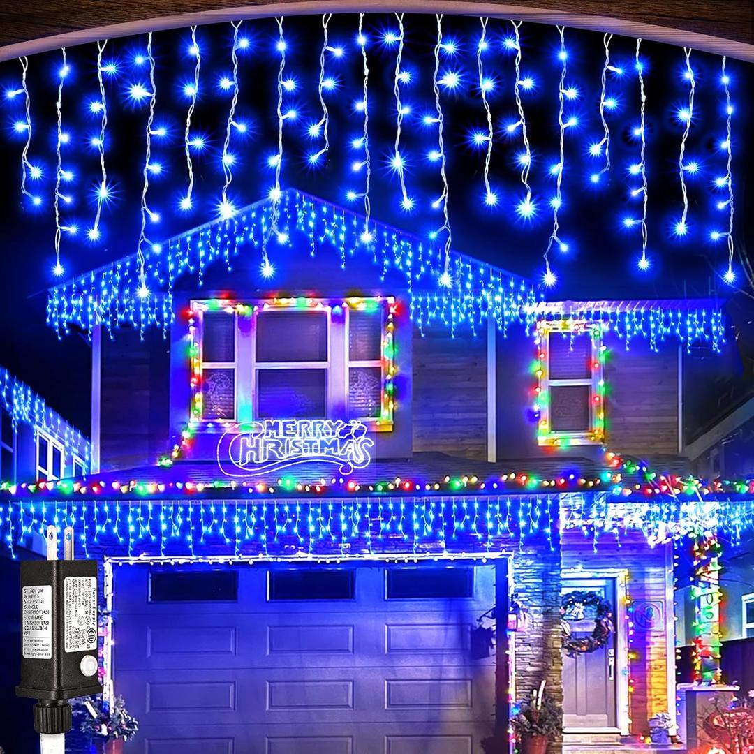 99ft Blue Christmas Lights Outdoor, 1216 LED Icicle Lights for Outside House with Clear Wire 8 Modes Timer, Plug in Waterproof for Home Holiday Eaves Yard Party Tree Room Wall Indoor Decoration