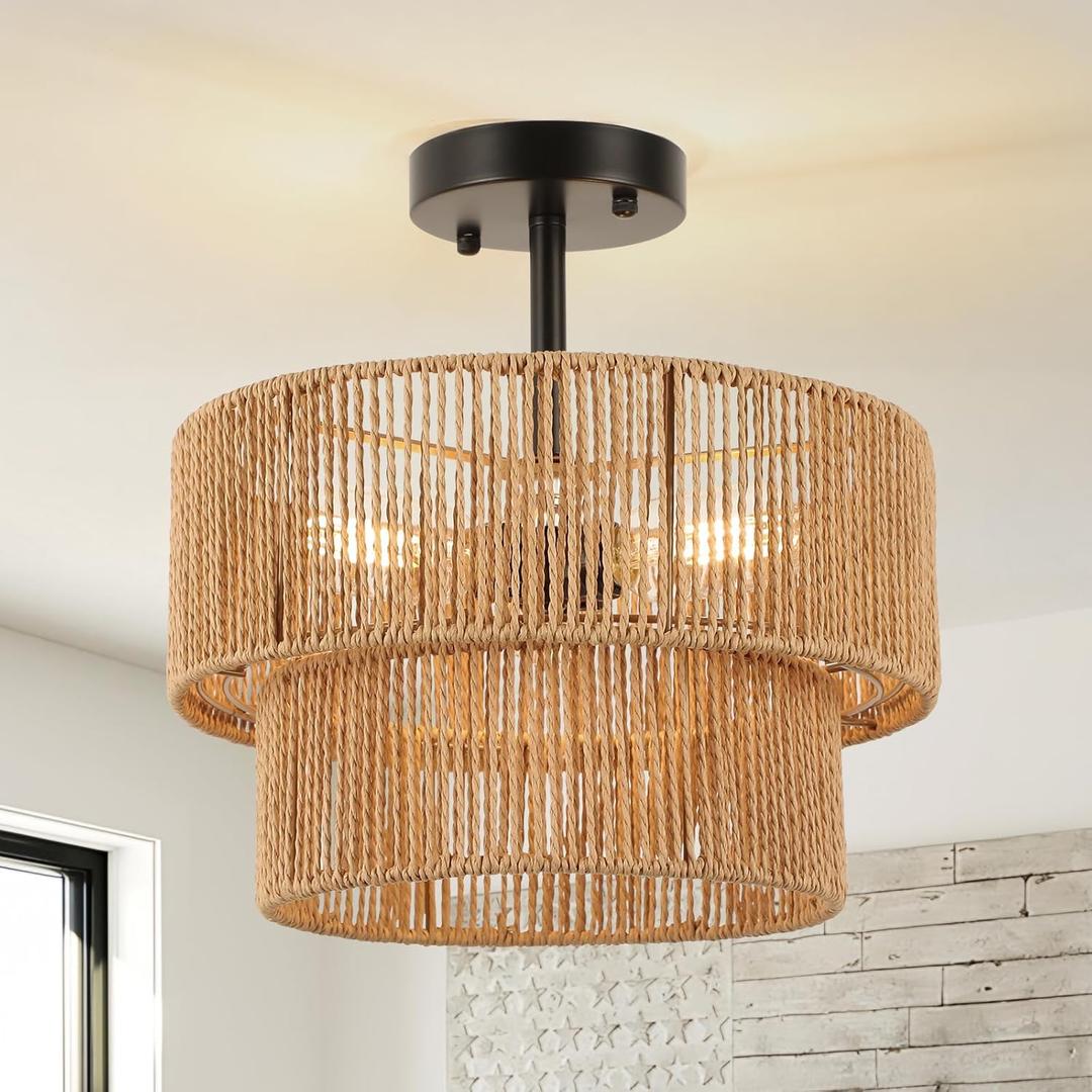 Boho Light Fixtures Ceiling Mount, 3-Light Rattan Chandelier Woven Double Layer, Semi Flush Mount Ceiling Light for Hallway Bedroom Farmhouse Kitchen Entryway Living Room
