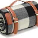 PortableAnd Picnic Blankets, 3 Layer Soft Fleece Blanket for Beach,Camping on Grass, Waterproof, Sandproof, Best Gift for Couple & Families, Black and Gray Checkered