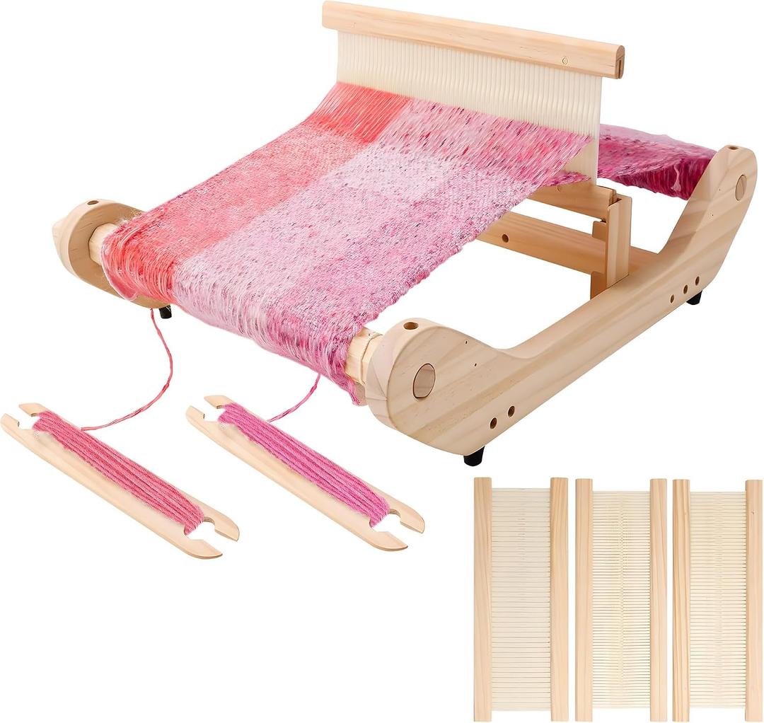 12 Inch Wooden Weaving Loom Kit for Adults Beginners, Multi-Craft Frame Loom with Rigid Heddle Shed Stick & Yarn Stand, Portable Warping Threads Loom with Adjustable Pegs and Weaving Tools