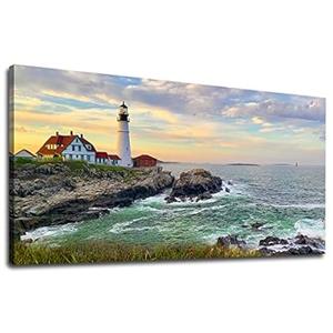 tigeridge Portland Head Light Wall Art Sunset Lighthouse Canvas Wall Art for Living Room Ocean Canvas Pictures Seascape Artwork Canvas Prints Office Home Wall Decor Framed Ready to Hang 30" x 60"