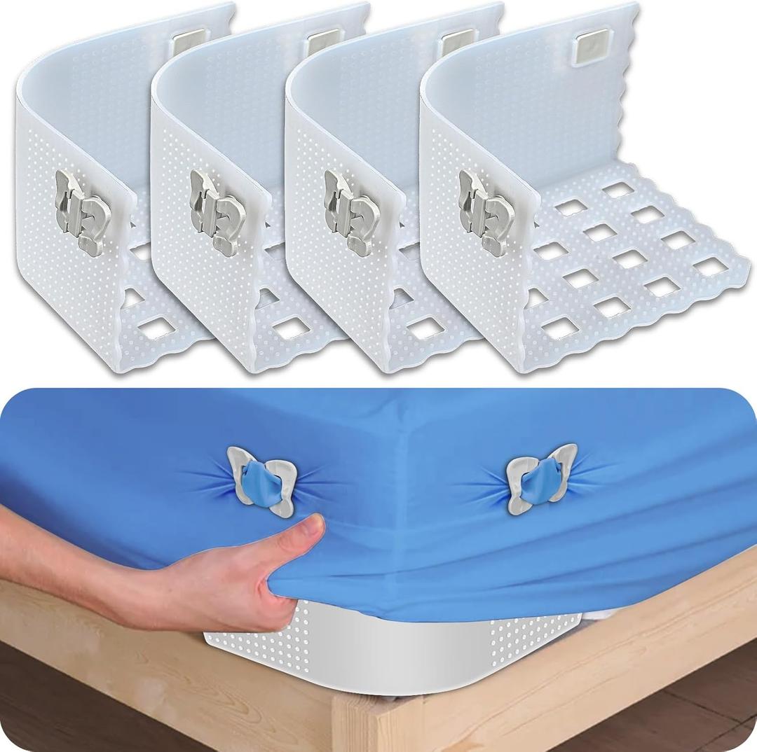 Bed Sheet Holders Lock for Corner,Upgraded Fitted Sheet Holder Keep Firm&Tight in Place,Set of 4 Sheet Locks Bedsheet Corner Holder Stay Secured in Place Easy Install for Mattress(Clear)