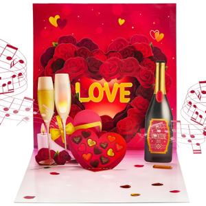 Valentine's Day Cards, Anniversary Card Pop Up Card,Champagne LED light & Music, Valentine card for women and men, music playing Valentine- accompaniment, impresses lovers (Champagne Bubble Red)