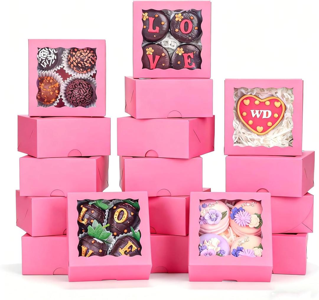 90 Pack 4x4x2 Inches Pink Bakery Boxes (Clear Window)  Ideal for Packaging Macaron, Ores, Chocolate Truffle, Strawberry, Cookie, Donut, Pie  Party, Wedding, Holiday Favors