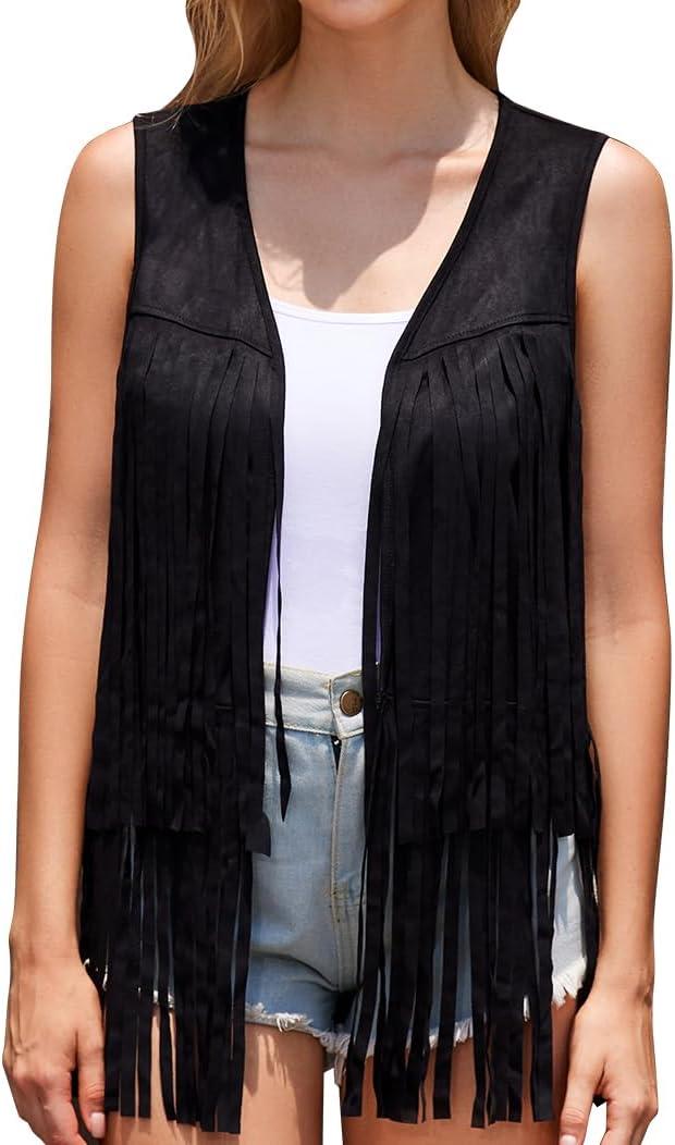 Women Western Black Fringe Vest Brown Cowgirl Sleeveless Faux Suede Tassel Vest 70s XL