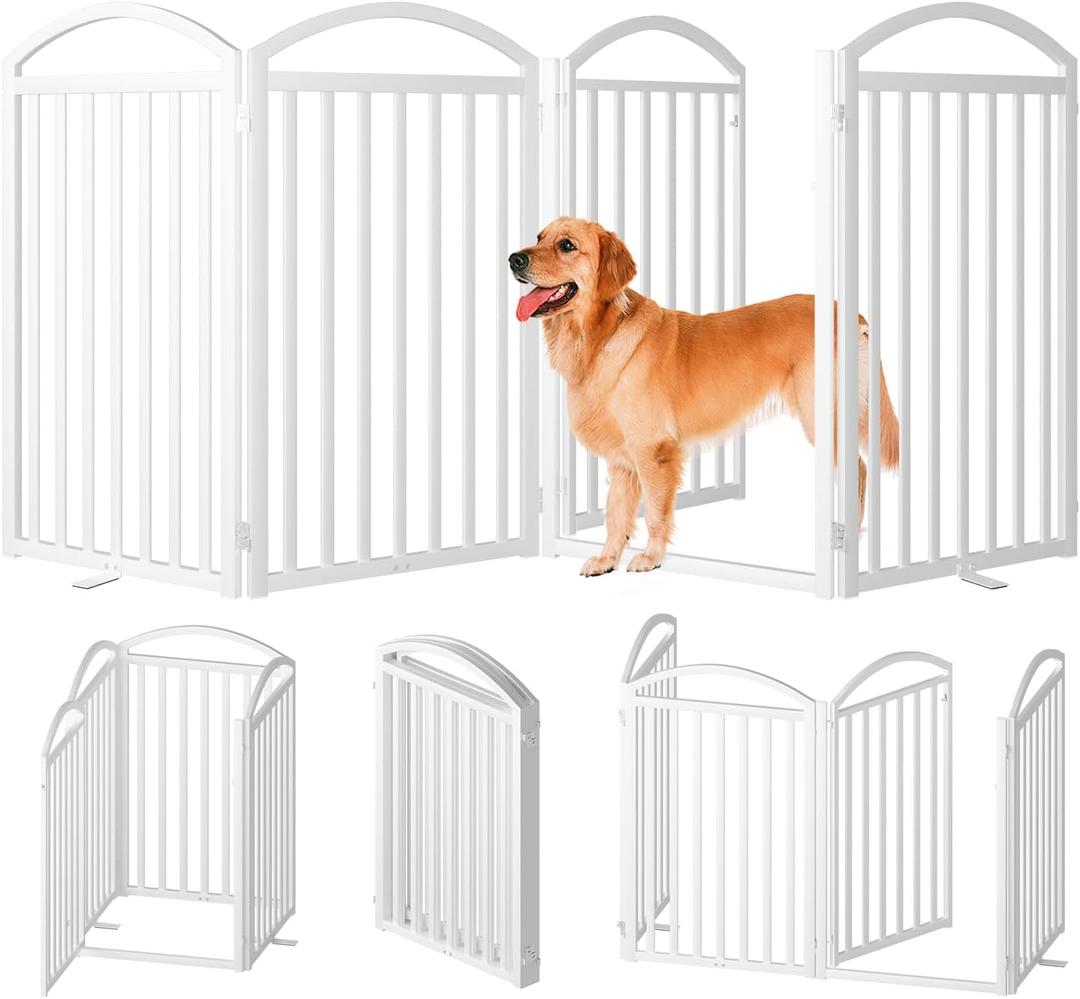SNUOWU 4 Panels Full Matel Freestanding Dog Gates with Door, 96"Extra Wide 36"Tall Free Standing Dog Pet Gate for Indoor & Outdoor. Foldable Pet Fences for Doorways, House, Stairs, Porch, Deck, Yard (White)