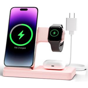 Wireless Charger Stand Charging Station: 3 in 1 Charger Stand Multiple Devices for Apple - iPhone 17 16e 16 15 14 Pro Max 13 12 11 - Watch 10 9 8 7 6 5 4 3 2 SE and Ultra Series-Airpods 4 3 Pro, Pink