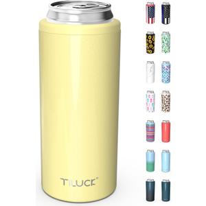 TILUCK Skinny Can Cooler for Slim Beer & Hard Seltzer, Stainless Steel, Doucle-Walled Stainless Steel Insulated Slim Cans, Standard 12 oz (Lemon)