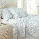 Southshore Fine Living, Inc. Winter Brush, 15-Inch White Floral Sheets Queen, 4-Piece Floral Sheet Set, Deep Pocket Sheets, Printed Queen Sheet Set, White with Green Flowers