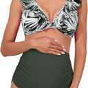 Summer Mae Maternity High Waist Swimsuit Two Piece Ruffle Bikini Bathing Suit Floral V-Neck Pregnancy Swimwear, 2XL