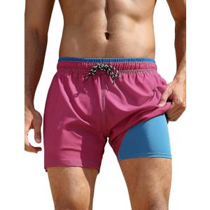 unitop Mens Swim Trunks with Compression Liner 5 Inch Inseam Surfing Board Shorts with Zipped Pockets (40, Pink)