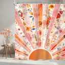 2 x Newsely Boho Sun 70s Shower Curtain 60Wx72L Inch Retro Abstract Colorful Rainbow Sunrise Sunset Floral Cute Vintage Bathroom Set Modern Groovy Waterproof Bath Decoration Accessories Home Decor