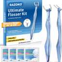 RAZOKO Flosser Kit, Shred-Resistant, Insert & Rotate 90 to 135 for Hard-to-Reach Areas, PTFE & PFAS Free, 2 Handles + 240 Refill Heads, Blue, 4 Count
