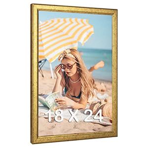 MOUDAMION Wood 18x24 Frame Gold, Ornate Natural 24x18in Poster Picture Frame, Modern Golden 18 x 24inch Gallery Wall Photo Frame with HD Plexiglass, Horizontal Vertical Wall Mounting Display 1pcs