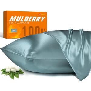 100% Mulberry Silk Pillowcase for Hair and Skin, 22 Momme Pure Natural Silk Pillow Case Both Sided with Zipper, Pillow Cover for Women Mom Men (Airy Blue, Queen 20''30'')