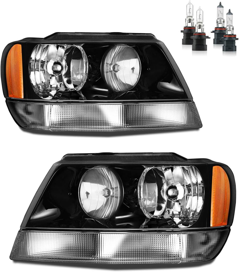 Headlights Assembly for 1999-2004 Jeep Grand Cherokee Headlamp Replacement Chrome Housing Black Reflector Driver & Passenger Side (OE Replacement, Black | With High & Low Beam Bulbs)