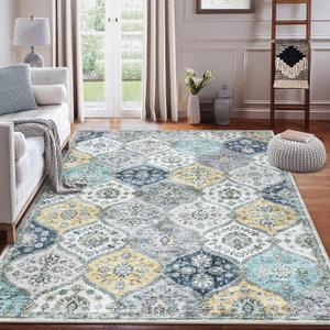 ROYHOME 9x12 Area Rug Large Moroccan Trellis Machine Washable Rug Vintage Medallion Distressed Accent Rug Stain Resistant Non-Slip Floor Cover Carpet for Living Room Bedroom, Blue/Yellow