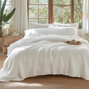 Bedsure  Muslin Duvet Cover Queen Size, 100% Washed Cotton Duvet Cover Set, Ultra Soft Comforter Cover Linen Like, 3 Pieces Minimalist Gauze Duvet Cover with 2 Pillowcases, 90"x90", White