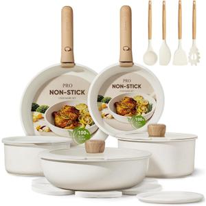 CAROTE 19pcs Pots and Pans Non Stick, Cookware Sets Detachable Handle, Induction Kitchen Pots and Pans,NonStick Cooking Set, Oven/Dishwasher/Fridge Safe, Space Saving (Cream White)