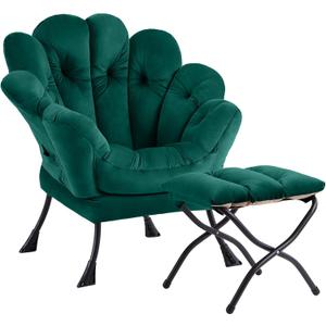 Welnow 2025 Lazy Chair with Ottoman, Comfy Reading Chair Lounge Accent Chair Modern Floral Chair with Footrest Butterfly Leisure Living Room Chair for Small Spaces, Bedroom, Dorm Room, Dark Green