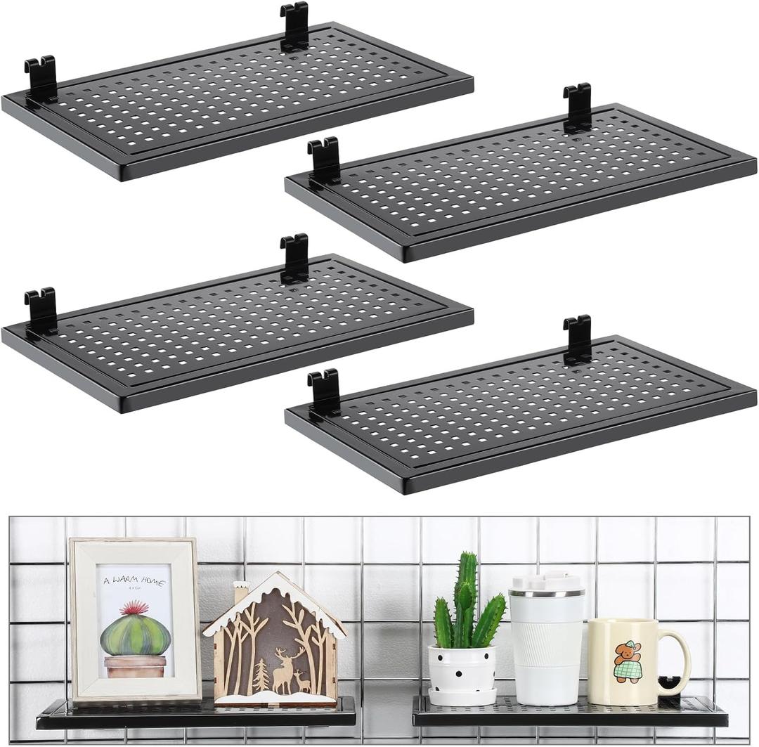 Coume 4 Pack Gridwall Perforated Shelf, 13.8'' x 7.9'' Black Metal Display Rack Heavy Duty Hanging Gridwall Straight Shelf Grid Wall Accessories for Craft Show Fair Garage Home Retail Display Storage