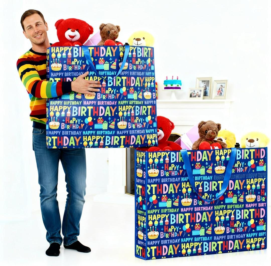 Pickmesh 1 Pcs Extra Large Birthday Bag 31.5x23.6x7.9 Inch Colorful Happy Birthday Gift Bag Oversize Non Woven Fabric Wrapping Pouch for Wedding Baby Shower Party Giant Present Wrap Supplies (Blue)