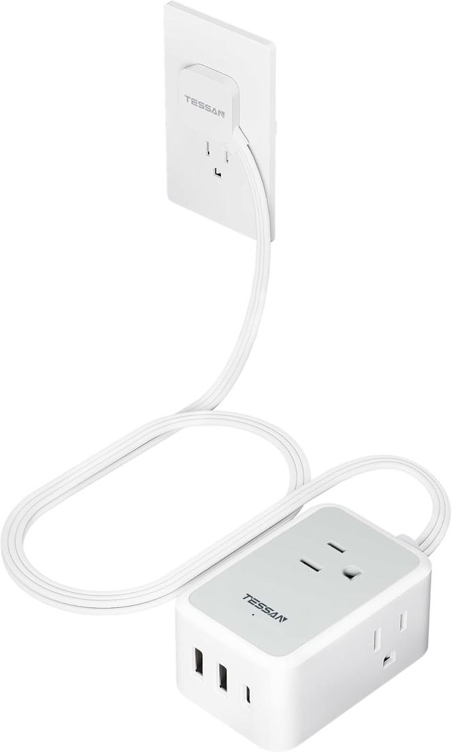 TESSAN Small Flat Plug Power Strip, Ultra Thin Extension Cord 3 ft, 3 AC Outlets with 3 USB Ports (1 USB C), Multiple Wall Outlet Extender for Cruise Travel Office School Dorm Room Essentials (Gray)