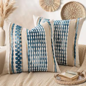 ANRODUO Pack of 2 Boho Decorative Throw Pillow Covers 18x18 Farmhouse Cushion Case Striped Chenille Pillow Cases Coastal Throw Pillows Accent Neutral Pillowcase for Sofa Couch Bed, Sky Blue Stripe