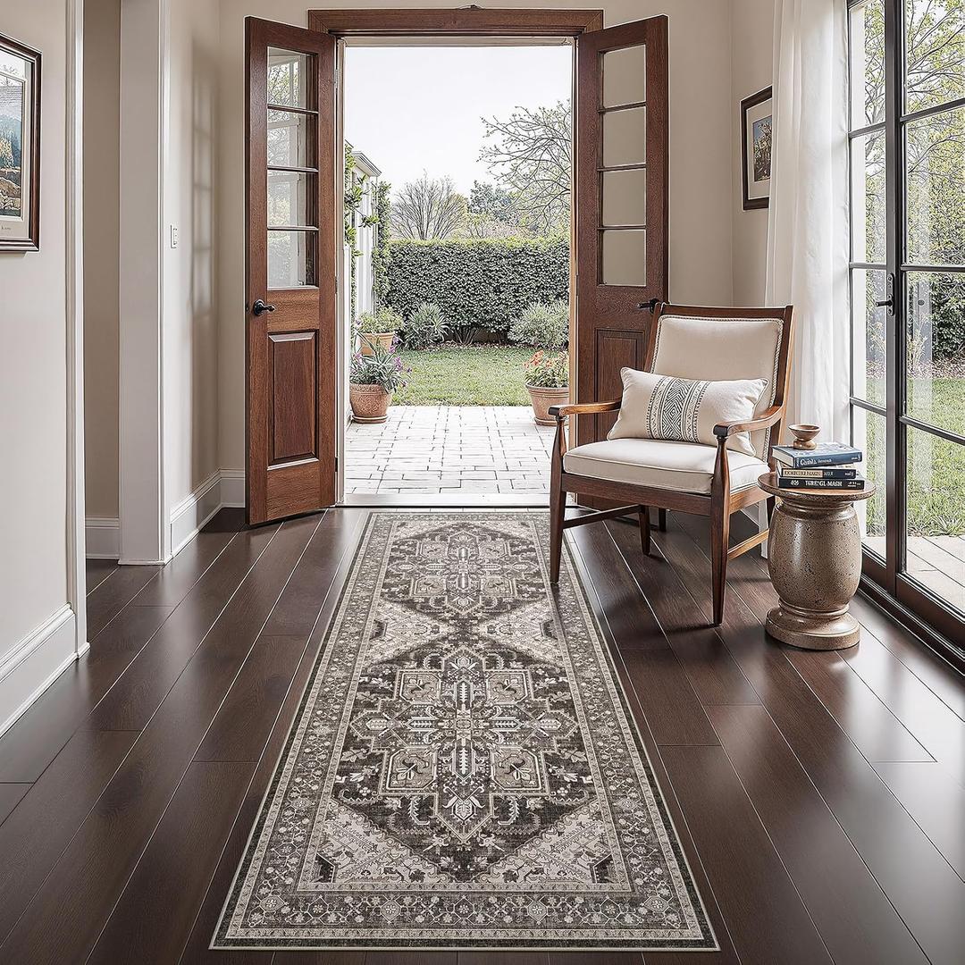 WITSHOCK 3x8 Kitchen Runner Rugs Black: Washable Rug Boho Soft Low Pile Stain Resistant Foldable Carpet for Bedroom Hallway Entryway Indoor Entrance Bedside, Vintage Distressed Farmhouse Rug, 36x96
