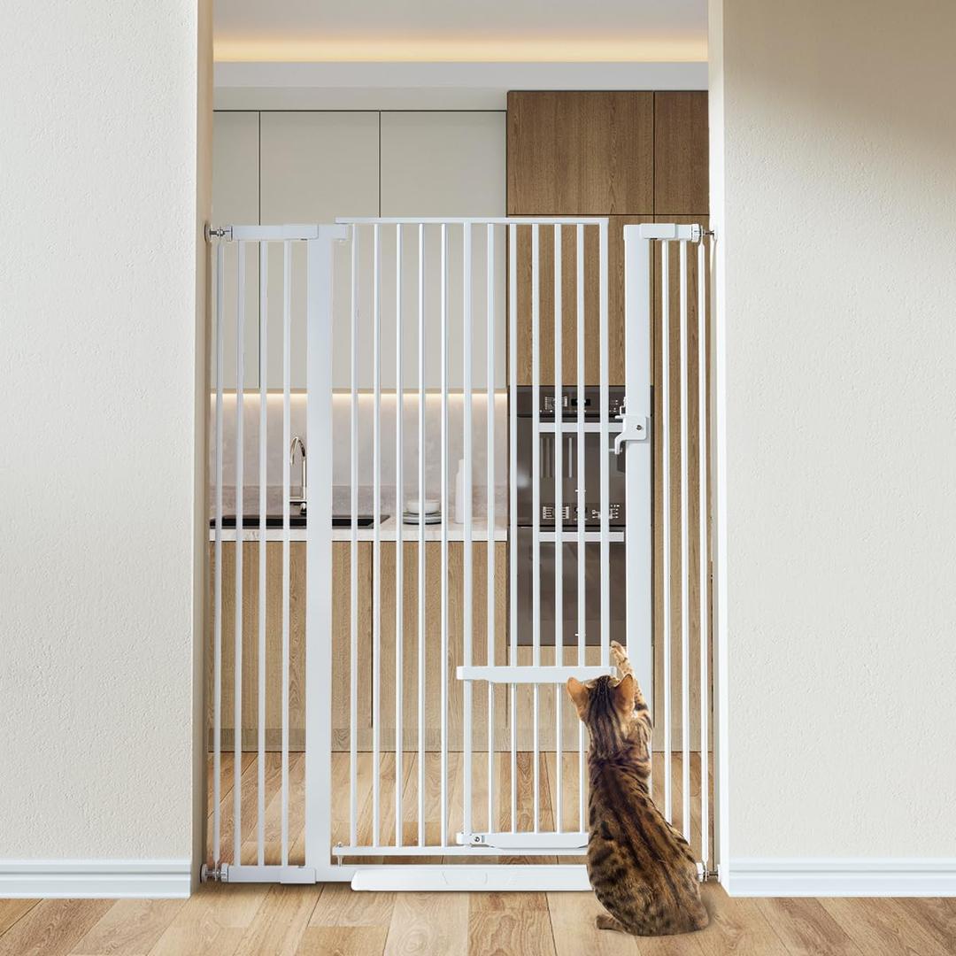 COMOMY 55.1" Extra Tall Pet Gate for Cats, Extra Wide Cat Gate with Adjustable Cat Door, Pressure Mounted Easy Walk Through Pet Gate with Door for Stairs, Doorways, Kitchen(White, 29.5-40.6")